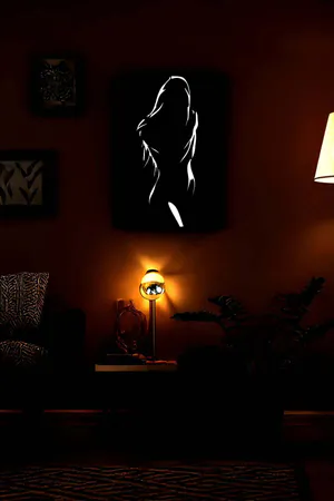 Decorative Painting with Reflective Female Figure and Black Leather Background