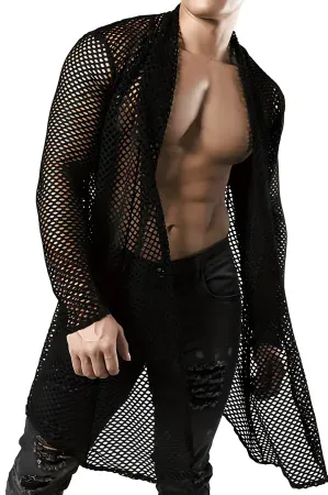 Men's Long Mesh Kimono Shirt, Black Transparent Clubwear - APTM001