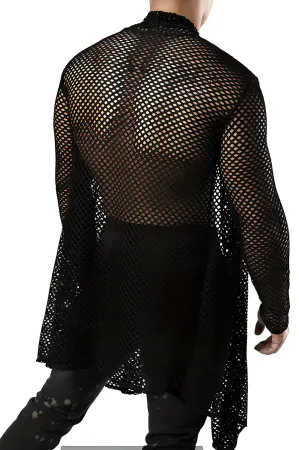 Men's Long Mesh Kimono Shirt, Black Transparent Clubwear - APTM001