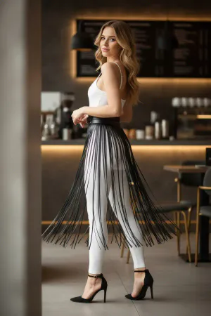 Black Skirt Faux Leather Skirt Long High Waist Skirt with Tassels - APFT1003