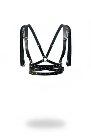 Black Faux Leather Fringed Body Harness Women Studded Waist