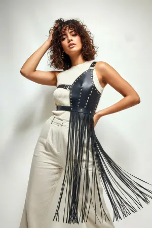 Black Skirt with Leather Studs and Asymmetrical Tassels - APFT1014