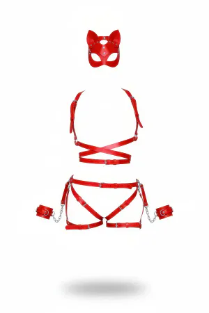 Red Harness Suit with Leather Cat Mask and Chain Detail - APFT1036
