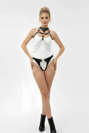 Black Harness Suit with Chain Detail Faux Leather - APFT1067