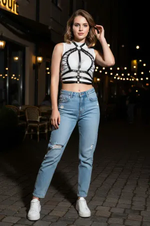 Black Women's Belt Leather Body Accessory with Stud Detail - APFT1077