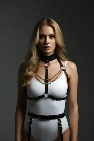 Black Harness Set Chain Detailed Choker Accessory - APFT1081