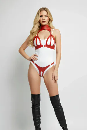 Claret Red Harness Suit with Leather Buckle High Collar Body Accessory - APFT1089