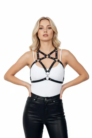 Black Women's Belt Leather Body Accessory with Cross Detail - APFT108