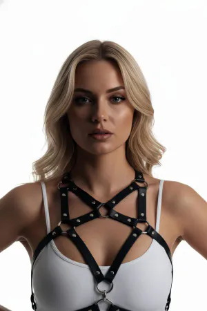 Black Women's Belt Leather Body Accessory with Cross Detail - APFT108