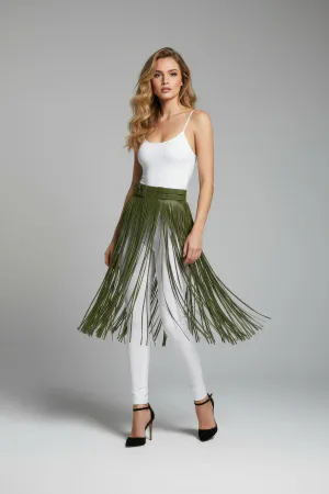 Khaki Skirt Long Tassel Detailed Skirt Faux Leather Skirt High Waist Skirt - APFT1090