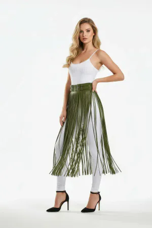 Khaki Skirt Long Tassel Detailed Skirt Faux Leather Skirt High Waist Skirt - APFT1090