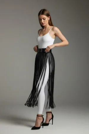 Black Skirt Leather Long Skirt with Thin Stripe Detail - APFT1090