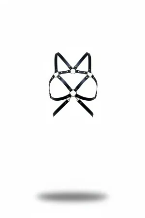 Black Faux Leather Harness Bra Strappy O-Ring Design Geometric Chest Accessory