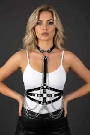 Black Women's Belt Leather Chain Detailed Body Accessory - APFT10