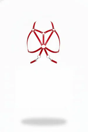 Red Faux Leather Chest Harness with Intersecting O-Rings and Silver Hardware
