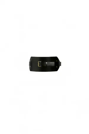 Black Faux Leather Wide Waist Belt with Gold Rectangular Buckle and Single Keeper Strap for Women