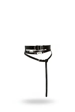 Black Faux Leather Waist Harness, Wide Band with Bold Silver Buckle, Adjustable Straps and Extended Dangling Detail