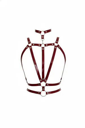 Burgundy Patent Faux Leather Multi-Strap Body Harness Front View Adjustable