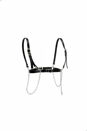 Black Faux Leather Chest Harness with Silver Chains Adjustable Straps