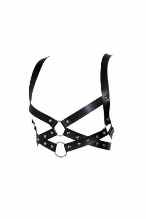 Black Faux Leather Studded O-Ring Caged Chest Harness Front View