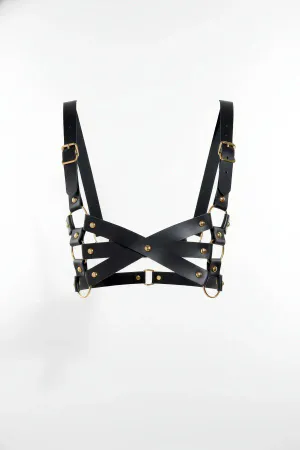 Faux Leather Caged Harness Bra Black X-Cross Front Brass O-Rings Adjustable Straps