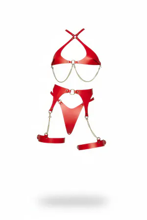 Red Harness Suit with Faux Leather Chain Detail - APFT1219