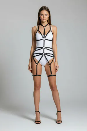 Black Harness Set Metal Ring Detailed Body Accessory - APFT121