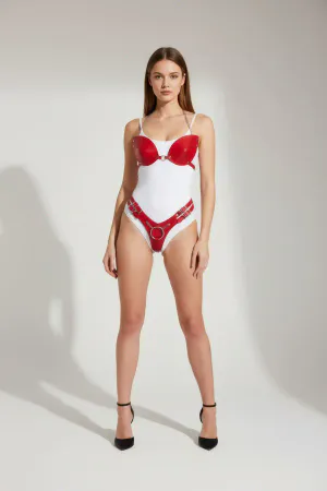 Red Harness Suit with Shiny Leather Chain Detail - APFT1223