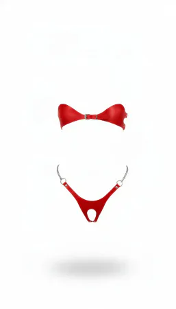 Red Harness Set Leather Chain Detailed Buckle Bralette - APFT1234
