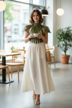 Khaki Women's Belt Stud Detailed Leather Corset - APFT1257