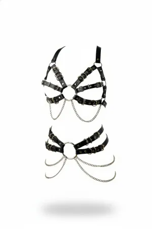 Black Harness Set with Chain Detail and Metal Ring Accessory - APFT1260