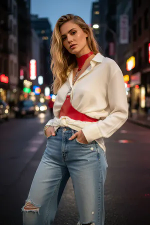 Red Women's Belt Leather Neck Collar with Chain Detail - APFT1265