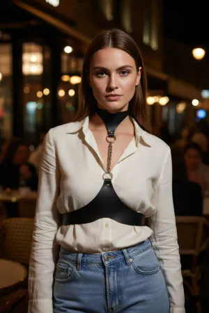 Black Women's Belt Chain Detailed High Collar Corset - APFT1265