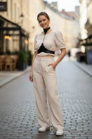 Black Women's Belt Chain Detailed High Collar Corset - APFT1265