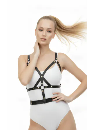 Black Women's Belt Faux Leather Multiple Strips Metal Buckle - APFT1294