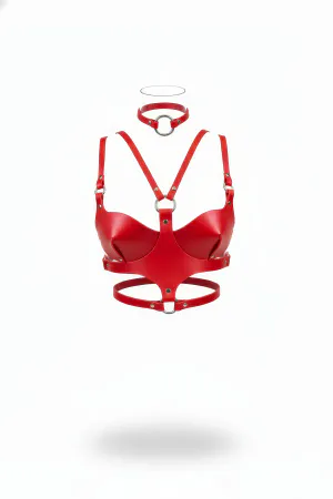 Red Women's Belt Leather Body Corset with Ring Detail - APFT1296