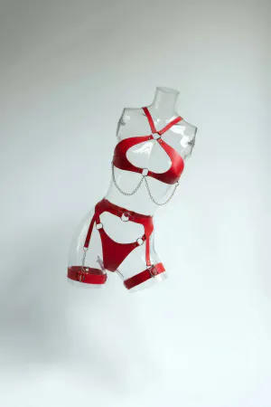 Red Harness Suit Leather Chain Detailed Body Garter - APFT1330