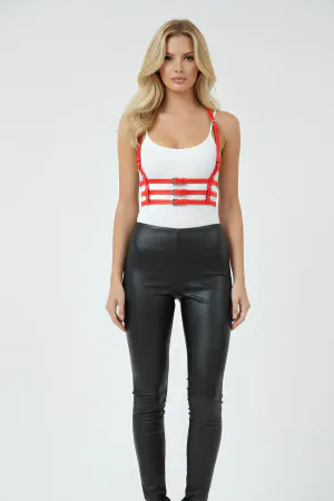 Red Women's Belt with Multiple Buckles Faux Leather Body Belt - APFT135