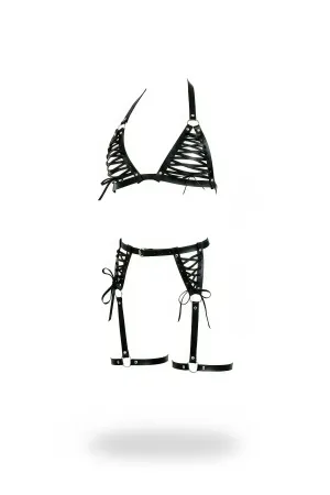 Black Harness Set Cross-Tied Faux Leather - APFT1389