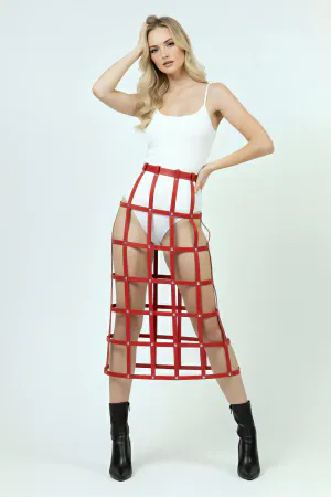 Red Women's Belt Long Cage Detailed High Waist - APFT1396
