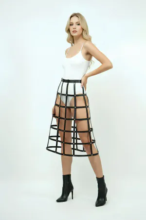 Black Skirt Leather Striped Cage Detailed Skirt Midi Length Leather Skirt - APFT1396