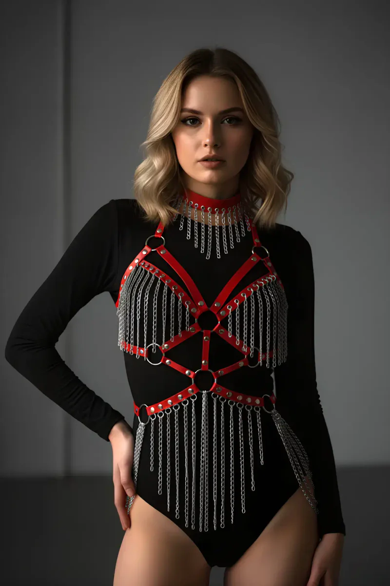 Women's Red Chain Body Harness with Draped Metal Detailing