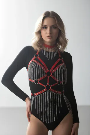Red Body Harness Women's Leather Chain Detailed Body Accessory - APFT1397
