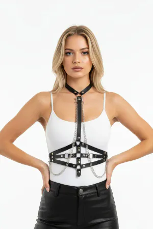 Black Women's Belt Chain Detailed Leather Body Belt - APFT13