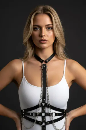 Black Women's Belt Chain Detailed Leather Body Belt - APFT13