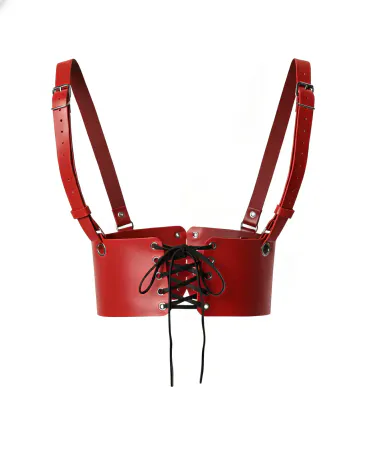 Red Faux Leather Underbust Corset Harness with Black Lace-Up Front and Adjustable Shoulder Straps