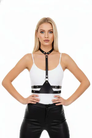 Black Women's Belt Leather Body Accessory with Neck Detail - APFT17