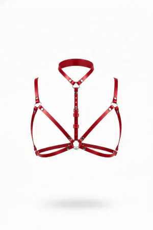 Red Chest Harness Leather Neck Collar with O Ring Detail - APFT197