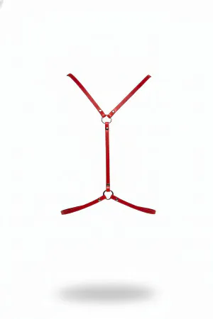 Red Faux Leather Body Harness Y-Shape Double Silver O-Rings Minimalist Design