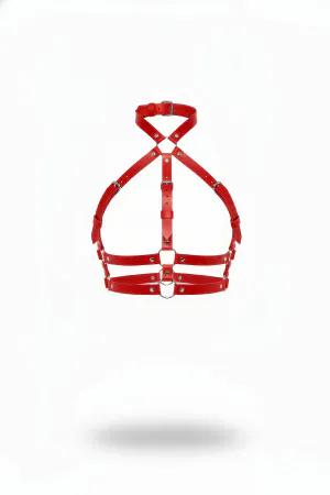 Red Faux Leather Harness Bra Choker Multi-Strap Adjustable Silver Hardware